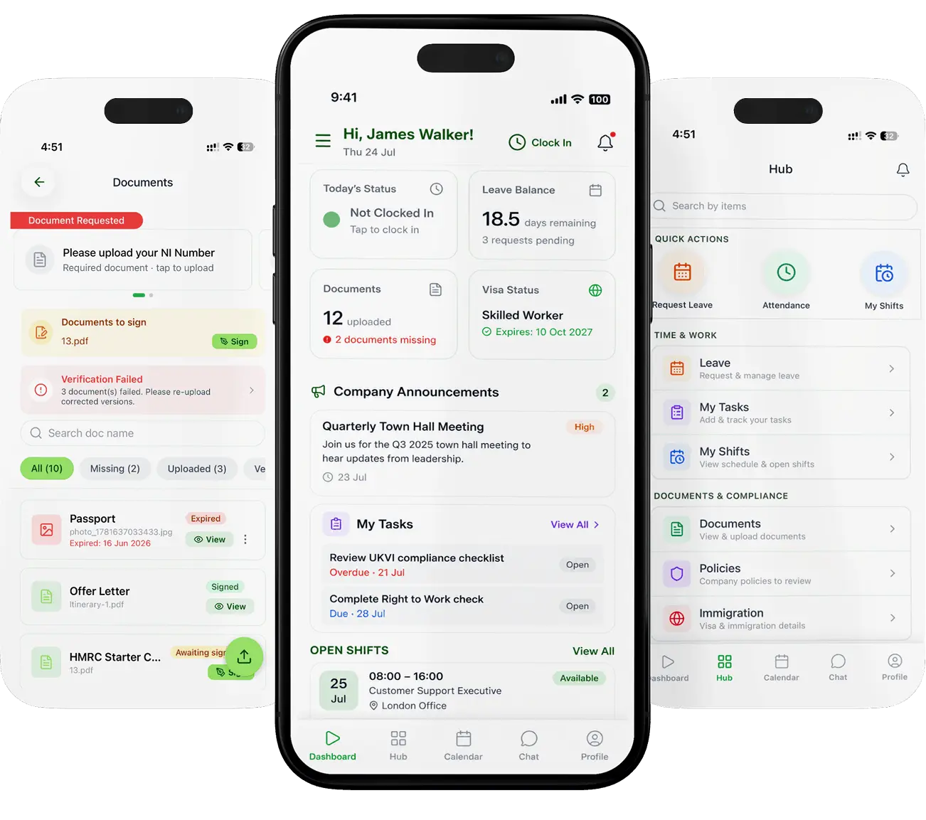 Root HR mobile app showing a dashboard, documents and the employee hub